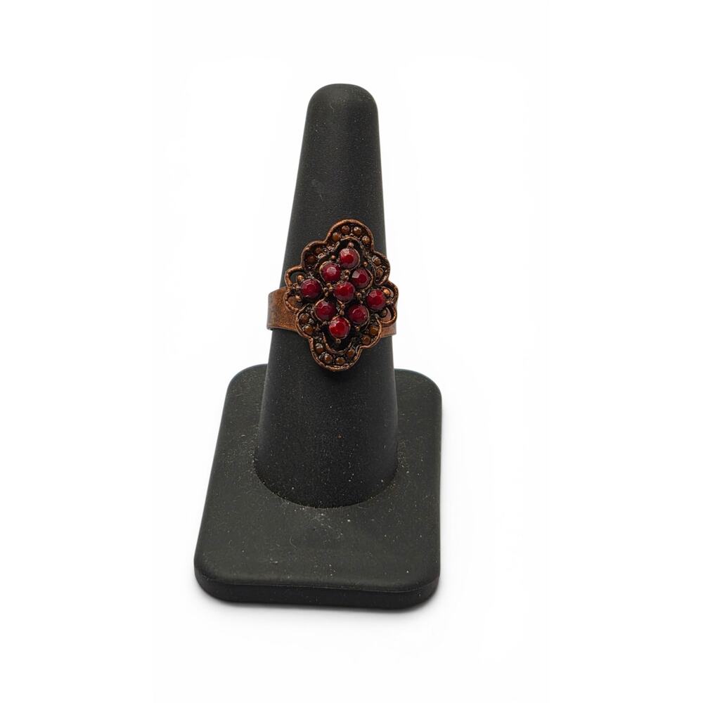 Vintage Adjustable Copper Tone Red Rhinestone Statement Ring